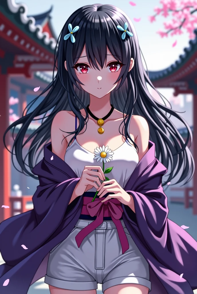 Girl,black hair,black necklace with circle gold charm, dark red eyes,two crossed sky blue hair pins,purple kimono jacket,show shoulders,totally sleeveless top,white top,pink ribbon around waist,white shorts,holding a daisy,background is Japanese temple