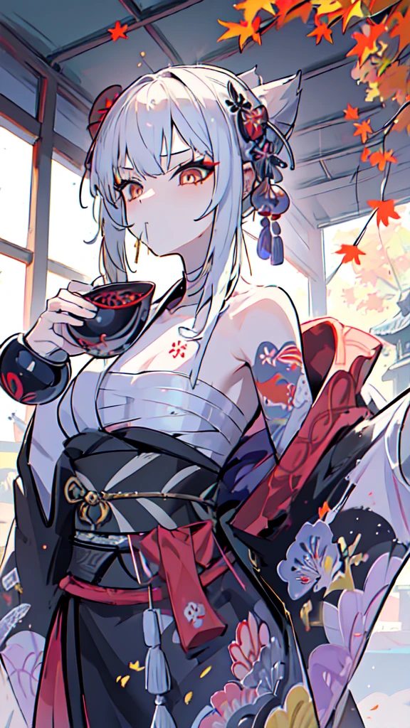 (((((roll up bandage sideways on a chest tightly to cover the chest without gaps))))), (((bandage samweways))),, ((Japanese Gangster BOSS)), adult woman with the dignified presence, Killing Qi, wear nothing around shoulder, wear nothing around neck, wear the kimono, wear it below the waist, I wind it up to control it, and to attach it, ((kimono come off)) ,wear the kimono multiple times, black and gold kimono, put on over jacket of kimono, a sword on the ground, long sword, low angle, whole body, anime character, Glaring, off sholder, Excellent, can see both shoulder, long kimono hem, small face, big tattoo on the arm,muscular,((((Drinking Japanese sake with sake cup)))), The kimono is spreading,ultra-detailed,super beautiful,Masterpiece,Killing Qi,Intimidation, a person,Selfish person,Ginkgo biloba pattern,Under the trees with autumn leaves,tall,Imposing,colorful kimono,vanpire woman,Circular tattoo on the back,can see back,Turned around pose,Retrospective, ((Hearty laughter))