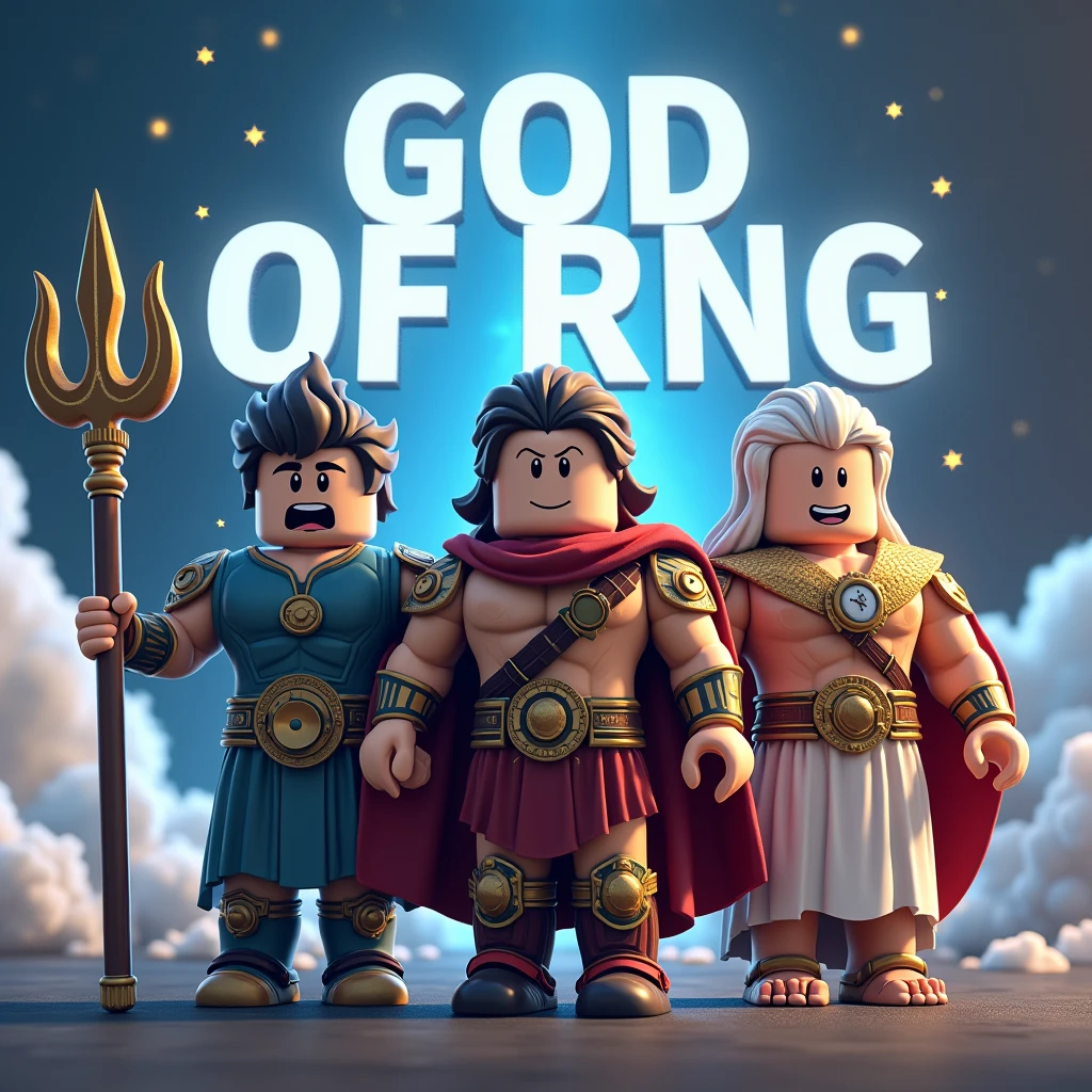 Posidon kratos and zeus as a roblox character (add text saying “God of RNG” in the background and make it big)
