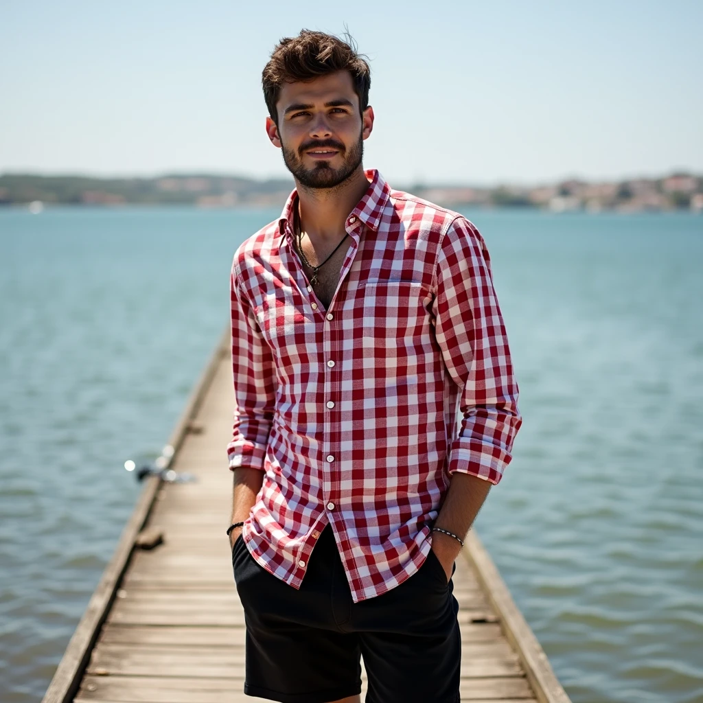 A white man, 3, model type, with short dark hair, with clear eyes, wearing a red and white checkered shirt, Black shorts, on top of a wooden pier on a lake in Alentejo