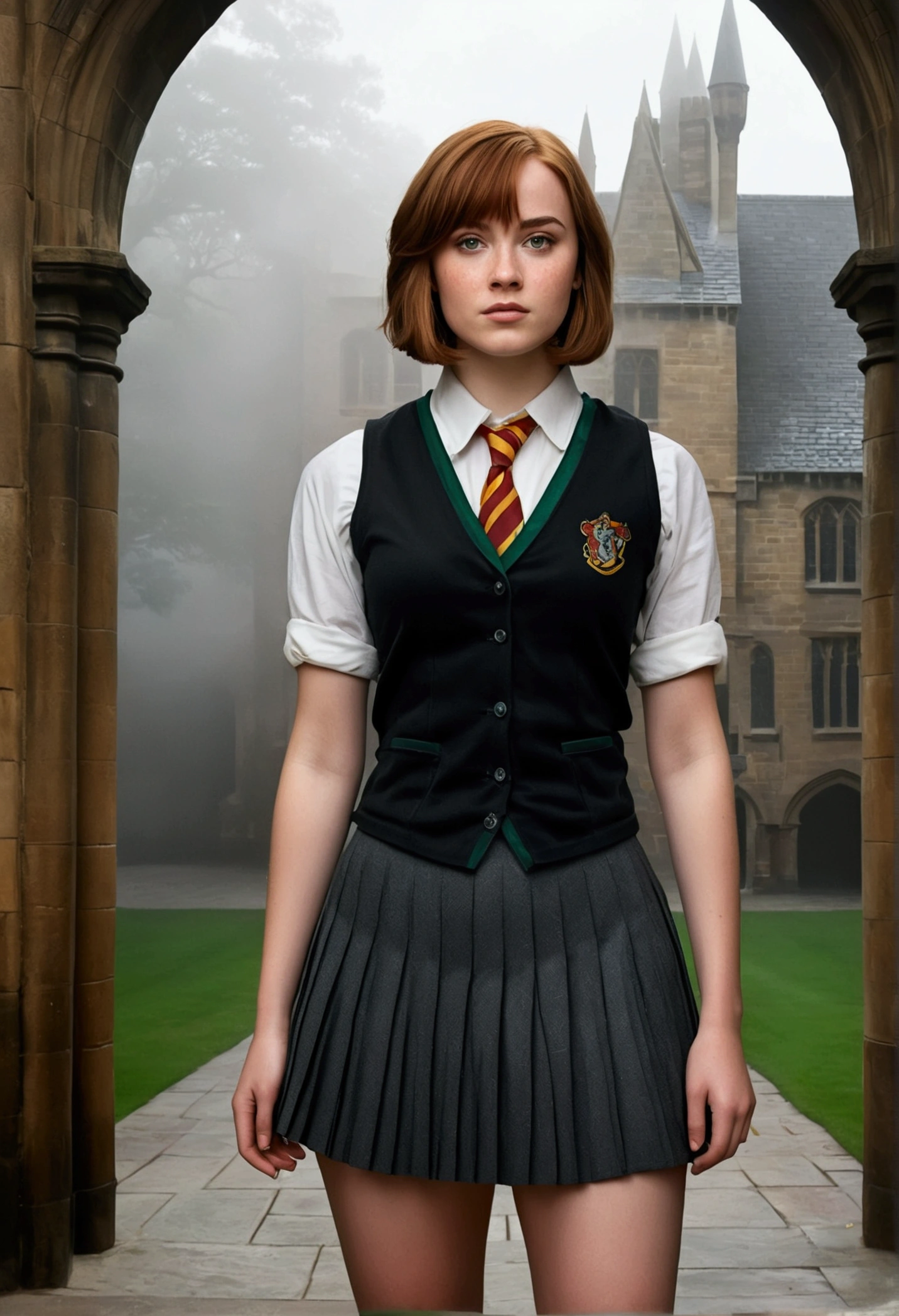 An illustrated movie poster, hand-drawn, full color, a female Hogwarts student, 1, wearing a charcoal vest and a pleated skirt, toned, amazonian stature, athletic hourglass figure, full wide hips, massive round butt, long shapely legs, ridiculously thick powerful thighs, hazel-green eyes, deep dark auburn hair, short shaggy bob cut, flushed sun-kissed complexion, freckles, resembles Genevieve O'Reilly, standing in a foggy Hogwarts courtyard, surrounded by mist, graphite shading, stencil marks, airbrushed acrylic paint, masterpiece, in the Deathly Hallows 