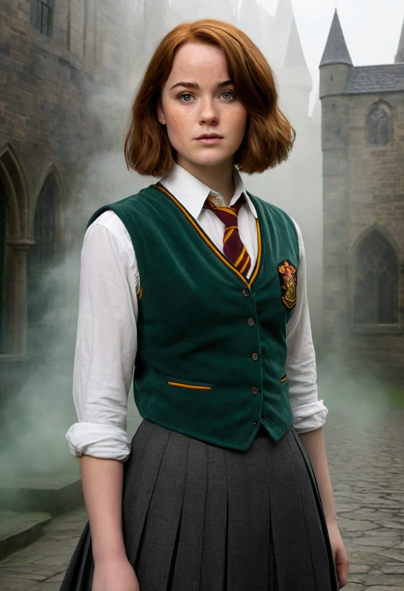 An illustrated movie poster, hand-drawn, full color, a female Hogwarts student, 1, wearing a charcoal vest and a pleated skirt, toned, amazonian stature, athletic hourglass figure, full wide hips, massive round butt, long shapely legs, ridiculously thick powerful thighs, hazel-green eyes, deep dark auburn hair, short shaggy bob cut, flushed sun-kissed complexion, freckles, resembles Genevieve O'Reilly, standing in a foggy Hogwarts courtyard, surrounded by mist, graphite shading, stencil marks, airbrushed acrylic paint, masterpiece, in the Deathly Hallows