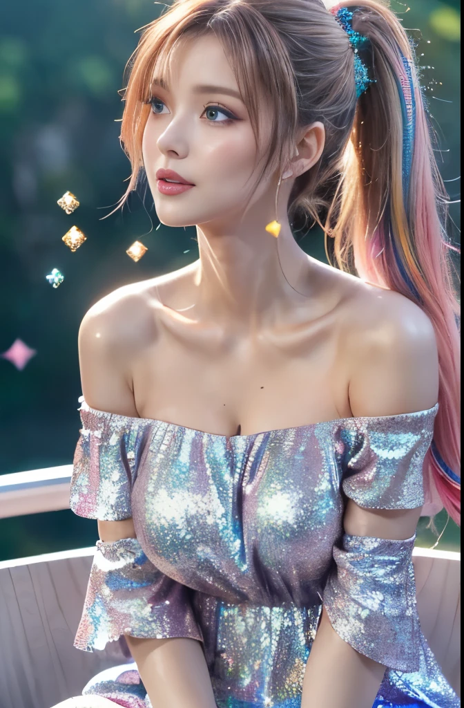 (masterpiece), (Highest quality), (Very detailed), (Dirty Hair), (figure), (1 person, sexy mana) (Long Pink Hair 1.5) (blue eyes) (Double Ponytail 2.0), ((((Off the shoulder))),Sundress, (Looking at the audience, (interview), (Simple Background), Beautiful and delicate eyes, Delicate and beautiful face, Soar (High saturation), (Colorful Glitter), Colorful bubbles, (Glitter), Facial accents, Perfect NwsjMajic, Conservative dress, Off the shoulder, Summer clothes, Facing the Public, Perfect figure,