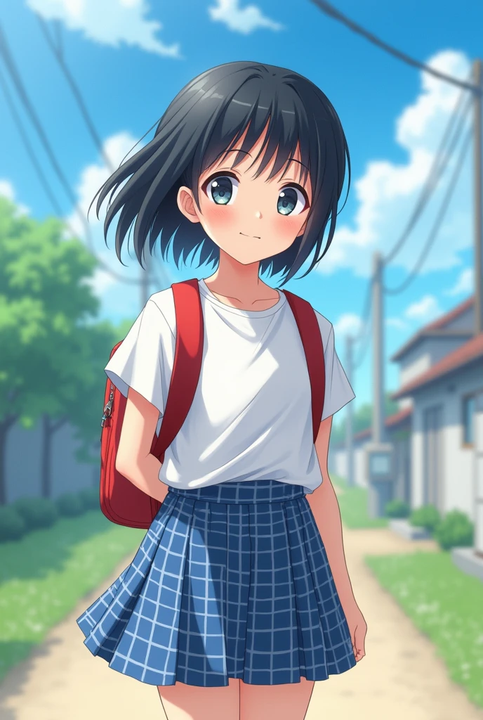 (8k),(masterpiece),(Japanese),(8 ),((Innocent look)),((Childish)),from the front,smile,cute,Innocent,Kind eyes,Plain T-shirt,Short sleeve,Blue checked short skirt,(Carrying a red backpack),Straight hair,Hair blowing in the wind,Black Hair,Somewhat strong wind,noon,Bright White Lingerie　White Lingerie　White Lingerie side-string panties side-string panties　Take a full-body photo