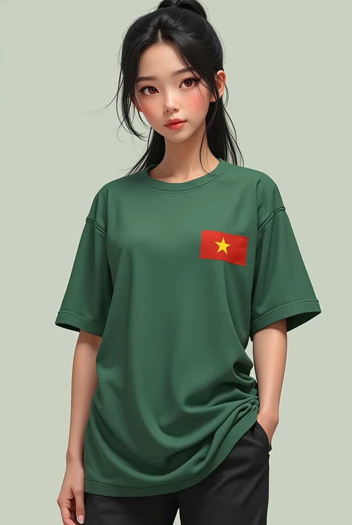 Draw a dynamic 18 year old girl she is wearing a long green shirt with no pattern and on the left side there is a small Vietnamese flag on the chest and short sleeves and red eyes and a hair tie, black hair, and light black pants