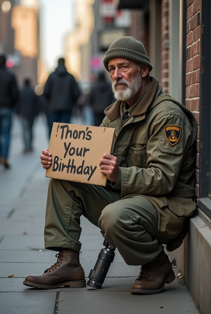Homeless military man with a biotic leg with a sign saying “it’s my birthday today”