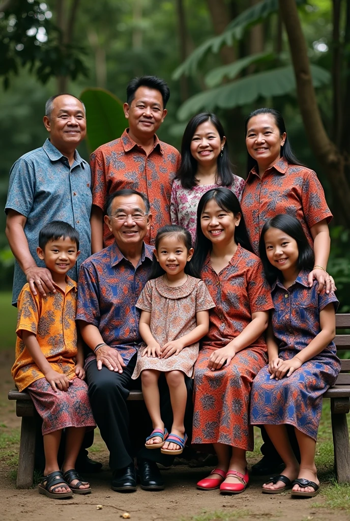 Family photo of 11 native Indonesians, wearing the same batik uniform, consisting of: - 60 year old man and woman, black hair, sitting on a bench - 3 men and 3 women aged 30 years, standing behind - 2 boys aged , standing behind the bench - 1 girl aged 7 years, sitting on a bench in the middle