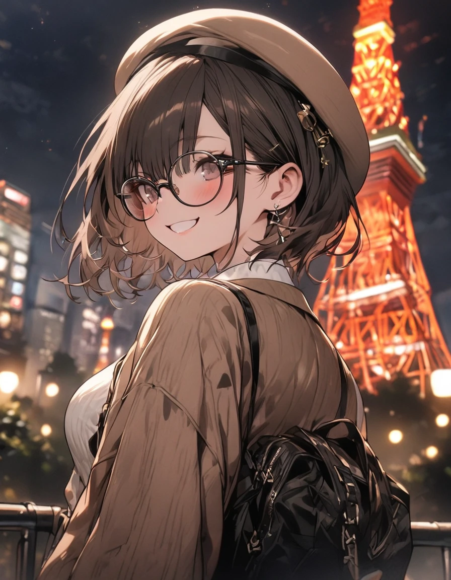 masterpiece、1 girl, short hair, (((brown tone on tone clothes))), (beret), glasses, smile, Tokyo city background, city ​​of Tokyo, Night, ((tokyo tower))