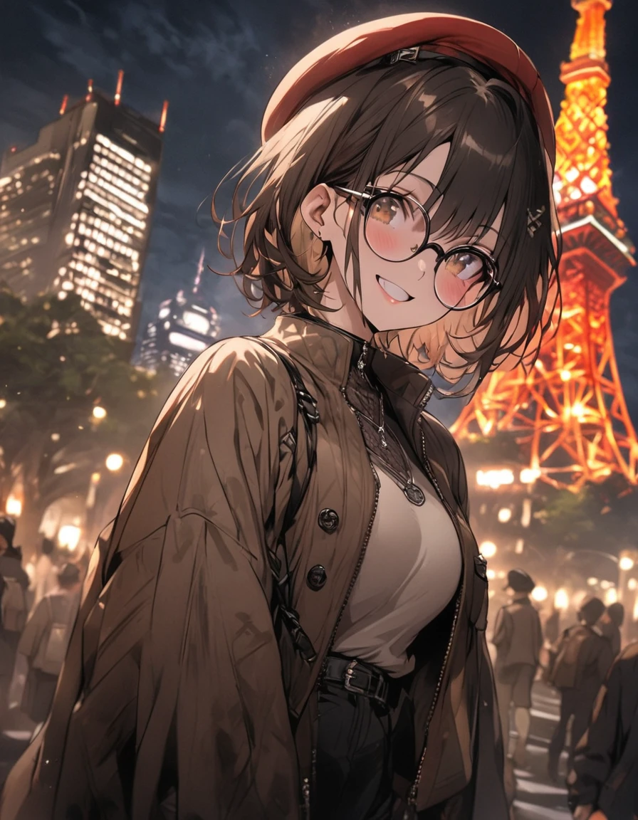masterpiece、1 girl, short hair, (((brown tone on tone clothes))), (beret), glasses, smile, Tokyo city background, city of Tokyo, Night, ((tokyo tower))