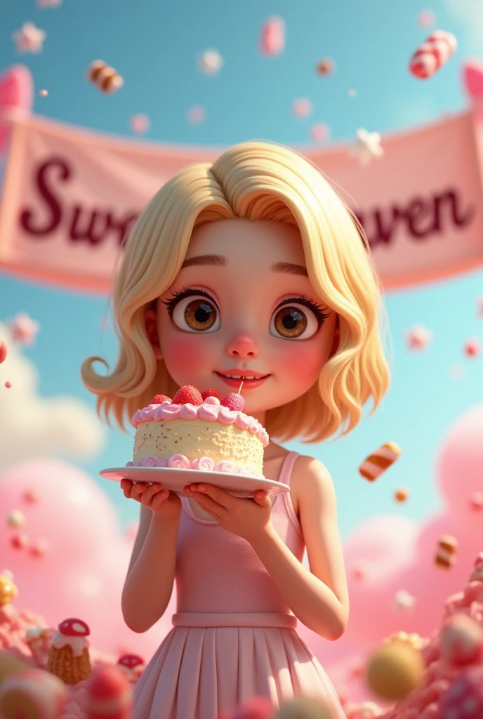 A 22-year-old, black, hair blonde,smooth ass, loose hair,bright and dark brown eyes, fine nose, peso78kg, eating cake,
in the background the sky, with lots of sweets falling, a banner saying sweet heaven,disney pixAr, cute animation