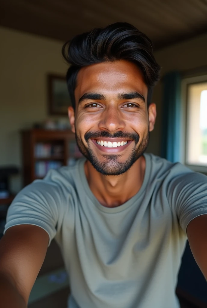 Dusky tamil nadu good looking guy in casuals in his home selfie in phone