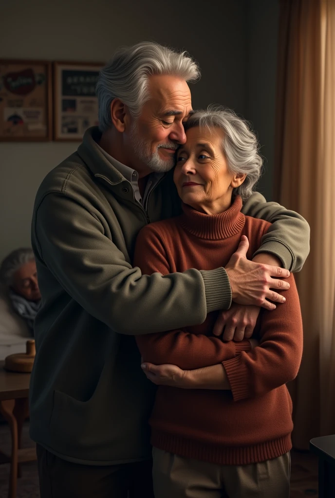 An elderly man, with gray hair and a gentle expression, is standing behind a woman, gently holding her around the waist. The setting is a cozy room with soft lighting, adding warmth to the moment. Both figures are clothed, and the interaction appears affectionate and caring, reflecting a tender connection between them.