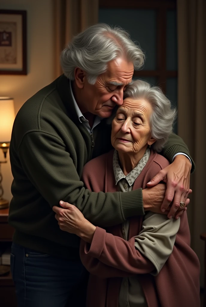 An elderly man, with gray hair and a gentle expression, is standing behind a woman, gently holding her around the waist. The setting is a cozy room with soft lighting, adding warmth to the moment. Both figures are clothed, and the interaction appears affectionate and caring, reflecting a tender connection between them.