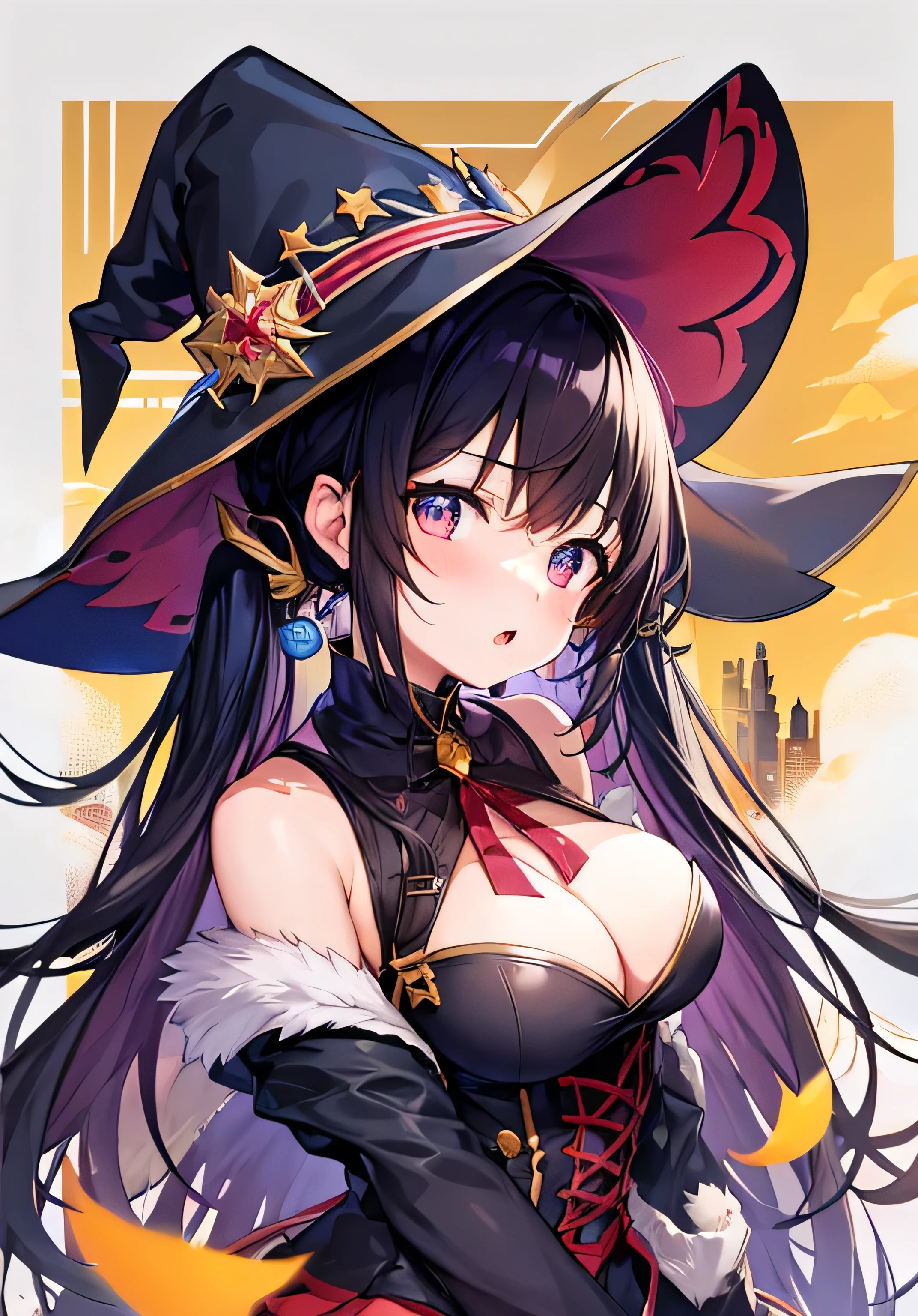 masterpiece、Highest quality、Ultra-high resolution、nsfw、age girl with big breasts、twin tail hairstyle、black hair、Red face、shyly、open your mouth just a little、Witch costume with visible cleavage for teengirls、mini-skirt for teenage s、thigh-high socks for teenage girltch's hat for teenage girls、On roof of a building at night、skyscrapers at night、at night time