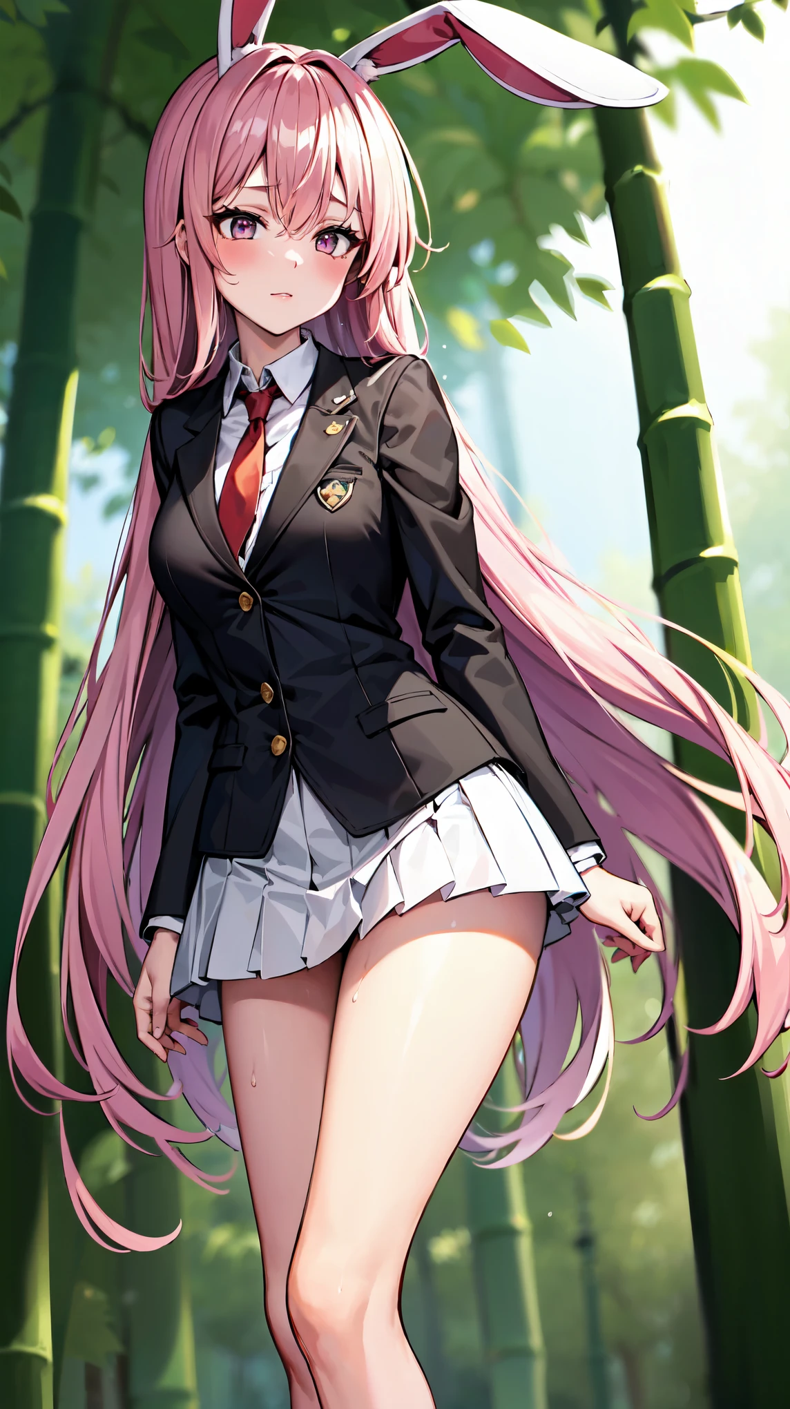 （（super high quality,Ultra-high resolution,16K,super masterpiece,Ultra HD,Ultra high definition,））One high school girl,White bunny ears,Very long straight purple hair,Slender body,Black blazer,All buttons are unbuttoned,White dress shirt,Long red tie,Pink mini skirt,White socks,blush,Looks at me so shyly,Leaning forward greatly,Hands tucked between the crotches,Sweaty,Bamboo forest in the morning sun,A strong wind is blowing,The wind messes up my hair and skirt,