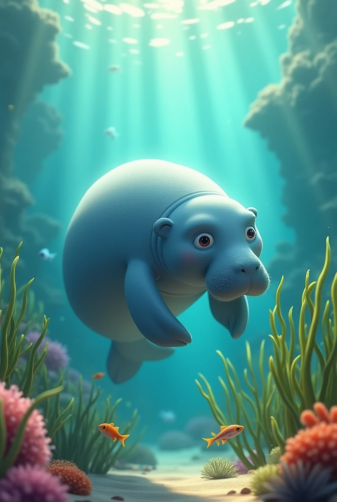 Create an animated image of a manatee eating seagrass creatively