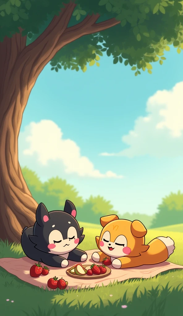 With the mystery of the missing snacks solved, Pico and Momo decide to enjoy the beautiful day together with a delightful outdoor picnic. The two friends settle on a soft blanket under a shady tree, sharing the delicious treats that Momo had prepared. Pico, now relaxed and happy, munches on the sweet strawberries and crisp apple slices, smiling brightly at Momo, who is equally pleased with the surprise.
As they laugh and share their favorite snacks, the playful mood turns into one of contentment. After the feast, Pico, feeling full and satisfied, stretches out on the blanket, gazing up at the blue sky. A gentle breeze rustles the leaves above, and the sunlight filters through, casting a warm glow over the scene. With a peaceful smile on its face, Pico lets out a happy sigh, enjoying the simple pleasure of being with a good friend. The story concludes with Pico lying comfortably, watching the clouds drift by, perfectly content with how the day turned out—a heartwarming end to a playful and adventurous day.