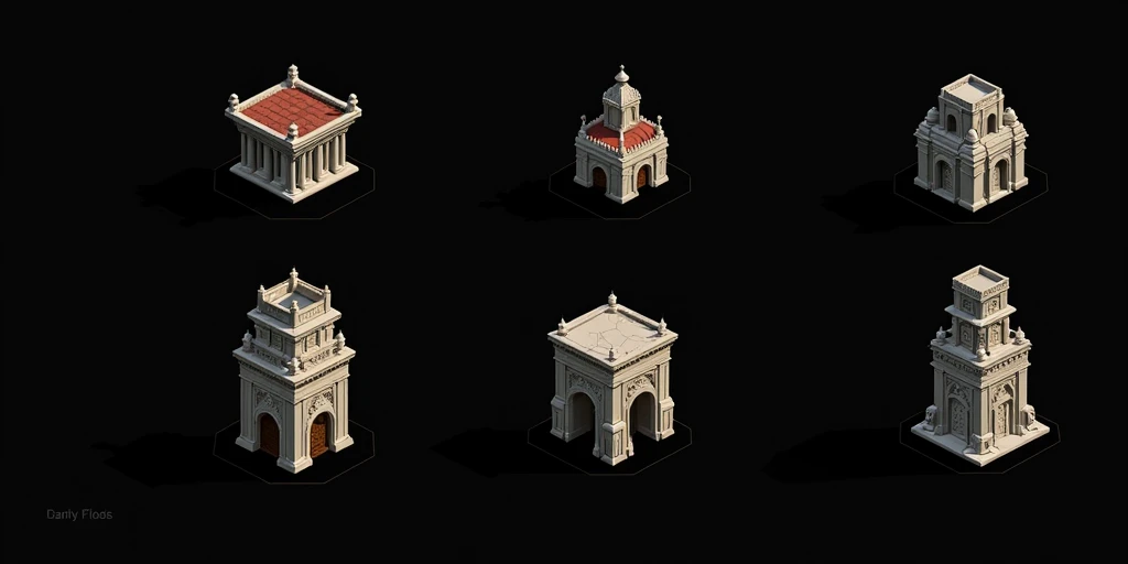 a close up of a bunch of different buildings with a clock on top, detailed buildings, small buildings, Castles and temple details, isometric palace, ancient buildings, prerendered isometric graphics, buildings, game assets, isometric game feature, large temples, Isometric views, temple background, isometric game art, intricately detailed buildings, 3D Renderings