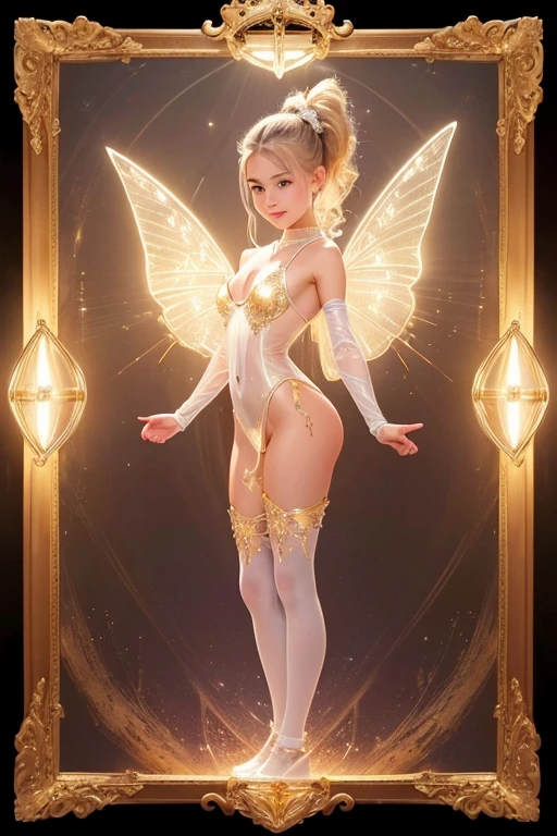 A - yr old nAustralian girl with lovely charming face,(  pale skin texture masterpiece), (smiling with exposed teeths showing)(perfect full body detailed anatomy), (Super accessories detailed), (meditating ), (perfect detailed bright sparkling eyes),( short ponytail illuminating gold crystalized hair), ((expose big hard erect nipples))(( exposed panty ))((legs wide open showing pussy line))(( Wearing transparent illuminating costume of a magician)), holding a treasure book or box (( illuminating different lights covering the sorrounding atmosphere)) on its back wearing beautiful large top hat with butterfly wings detailed design, The character solemnly praying, 7 different perspective view of that same girl & face profile sheet character style 