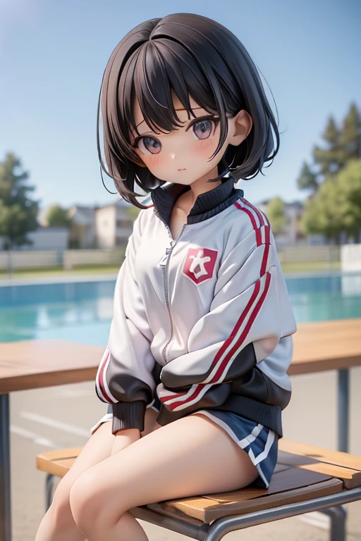Girl、、small、sharp、Black Hair,forehead is visible、Forehead、Jersey、Training wear、Clothing patterns、Clothing Design、The zipper is open、The front of the jacket is open、whole body、Sitting with legs crossed