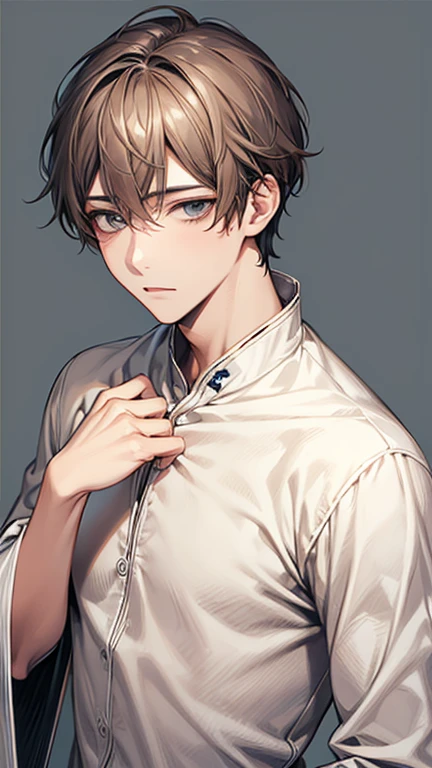 Highest quality、Realistic、zoom、male、、cute、Grey Eyes、Light brown hair、short hair、White briefs、thin、stare、living、Bust Shot