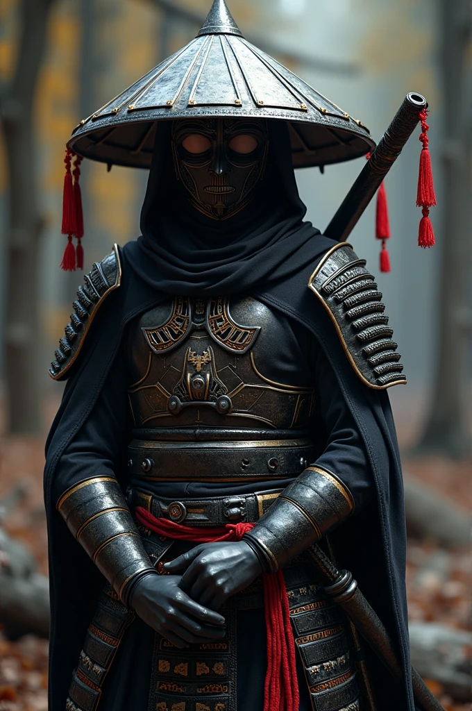 ((best quality)), ((masterpiece)), (detailed), perfect face Full body shot, boy indian swordsman in black mecha armor, wearing an ancient hat and holding long katanas with red tassels on the handles. Wearing a mecha mask. In the style of Unreal Engine, featuring futuristic technology and high-tech elements. Bright colors, full body photos, close-up shots, strong contrast between light and dark, exquisite details in . --ar 4:5 --stylize 750 --v 6.1