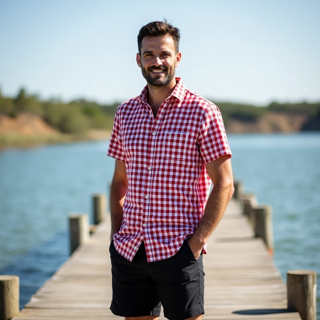 A white man, 3, model type, sem beard, with short dark hair, with clear eyes, wearing a red and white checkered shirt, Black shorts, on top of a wooden pier on a lake in Alentejo