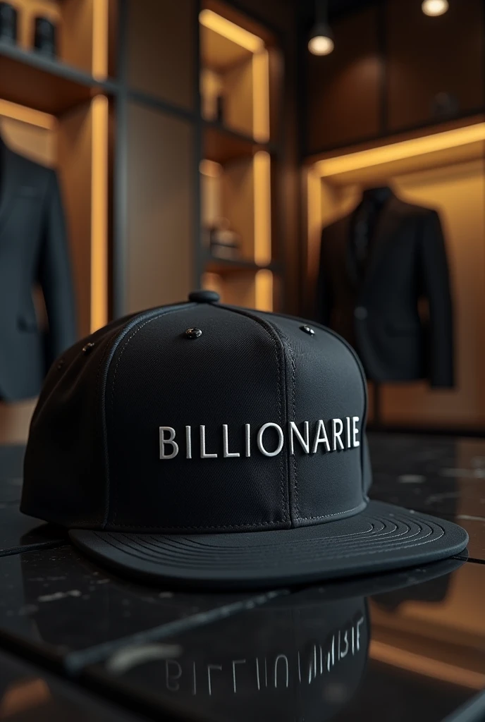 
Design a modern and urban style cap, Inspired by the fashion of trap singers. The cap must be completely black, with a flat and structured front. On the front, highlights the word &#39;BILLIONARIE&#39; in large type, striking and modern, in pure white color, to contrast strongly with the black background. The logo must be embossed, adding a premium and sophisticated touch. Place the cap in an exclusive environment, like the interior of a luxury store with elegant lighting and high-end details, to highlight its exclusive character and the essence of power and luxury that it represents."











