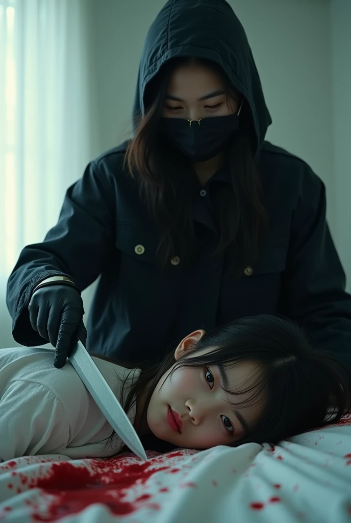 korean girl, (behind stiff, holding knife), stabbing, black surgical mask, black gloves, sunglasses, white room, black raincoat, hood up, holding knife, black gloves, 20 years old, woman on top, behind cadaver, blood splatter, on the bed, looking at viewer, mass murderer, killer, blood splatter, dark atmosphere, cinematic lighting, atmospheric realistic, light from the window,