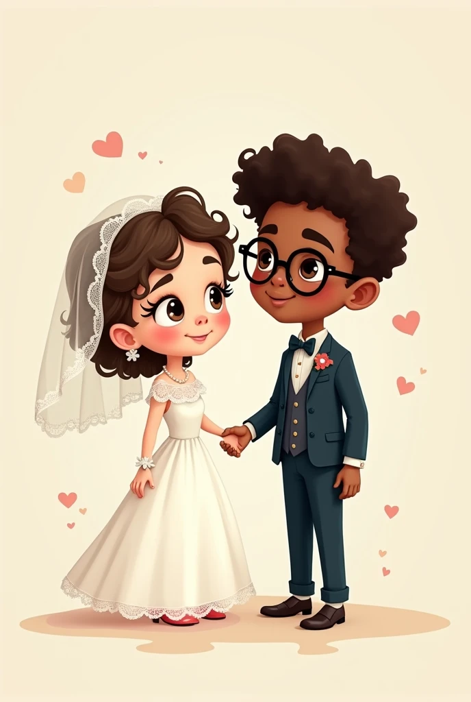 Drawing of a white-skinned girl with curly hair dressed as a bride and a dark-skinned boy dressed as a groom with glasses looking forward for an invitation card