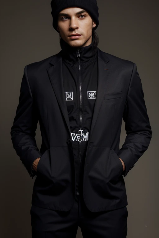Make a suit with the vlone symbol in the middle of the Vlone brand suit , make vlone writing, MAKE A SUIT make a man wearing it
