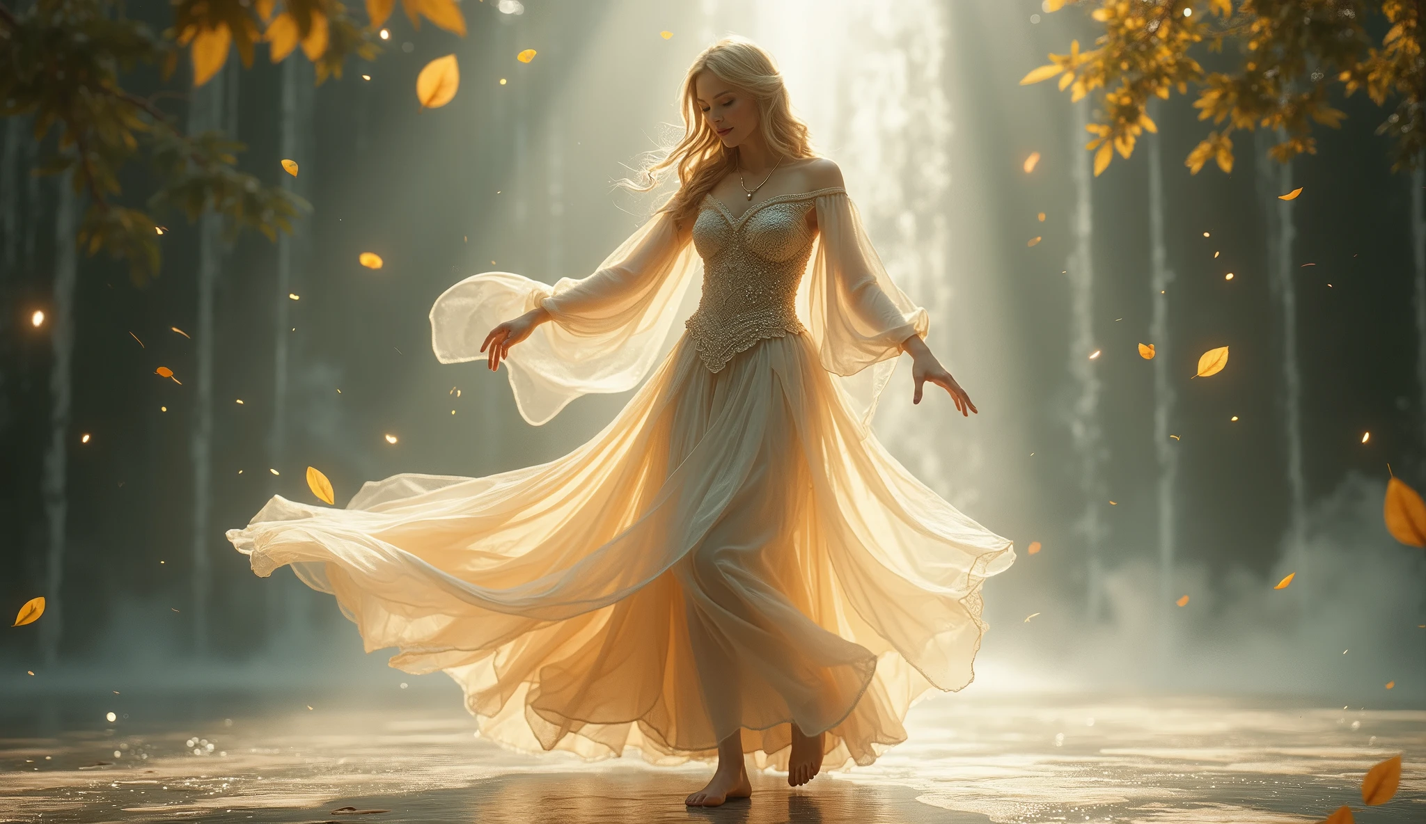 A captivating female figure, part goddess and part elf, dances on a marble platform surrounded by misty waterfalls and glimmering lights. Her long, flowing dress is adorned with intricate celestial patterns, while her glowing eyes and radiant smile exude an irresistible charm. The atmosphere is ethereal, with floating golden leaves and sparkles, embodying a timeless and alluring grace. Aim for realistic depiction, make sure photos are at highest resolution (8K)