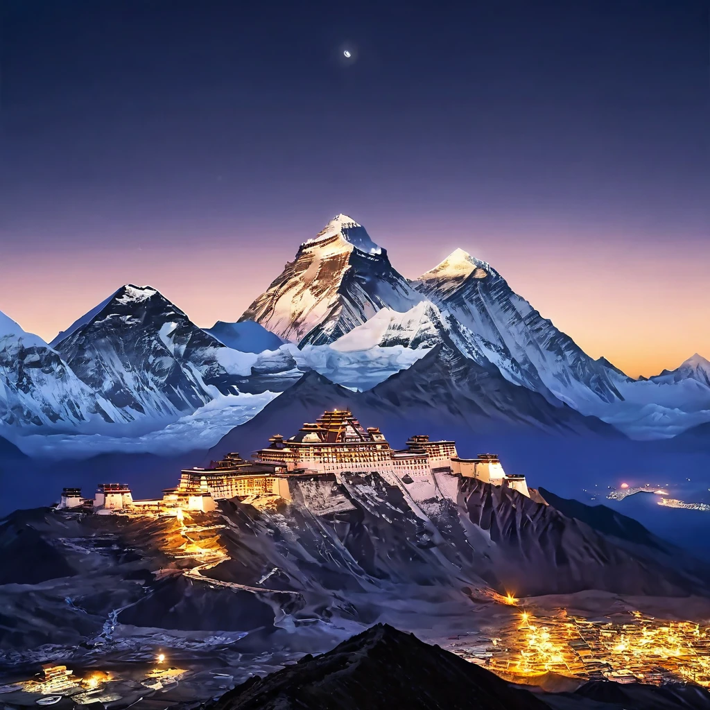 Realistic drone shots of Mount Everest at night, gorgeous, magnificent, natural, powerful, good night