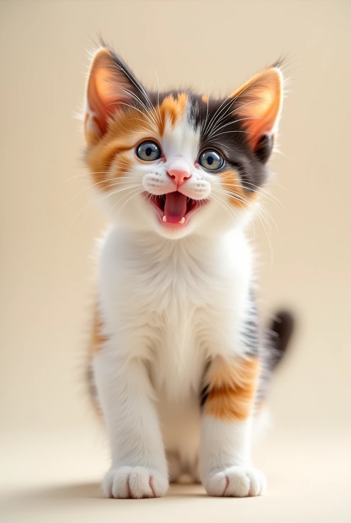Calico kitten standing with a smile
