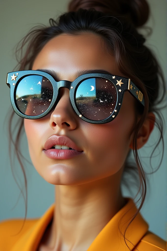 The model is wearing glass sunglasses with stars and the moon on the glass