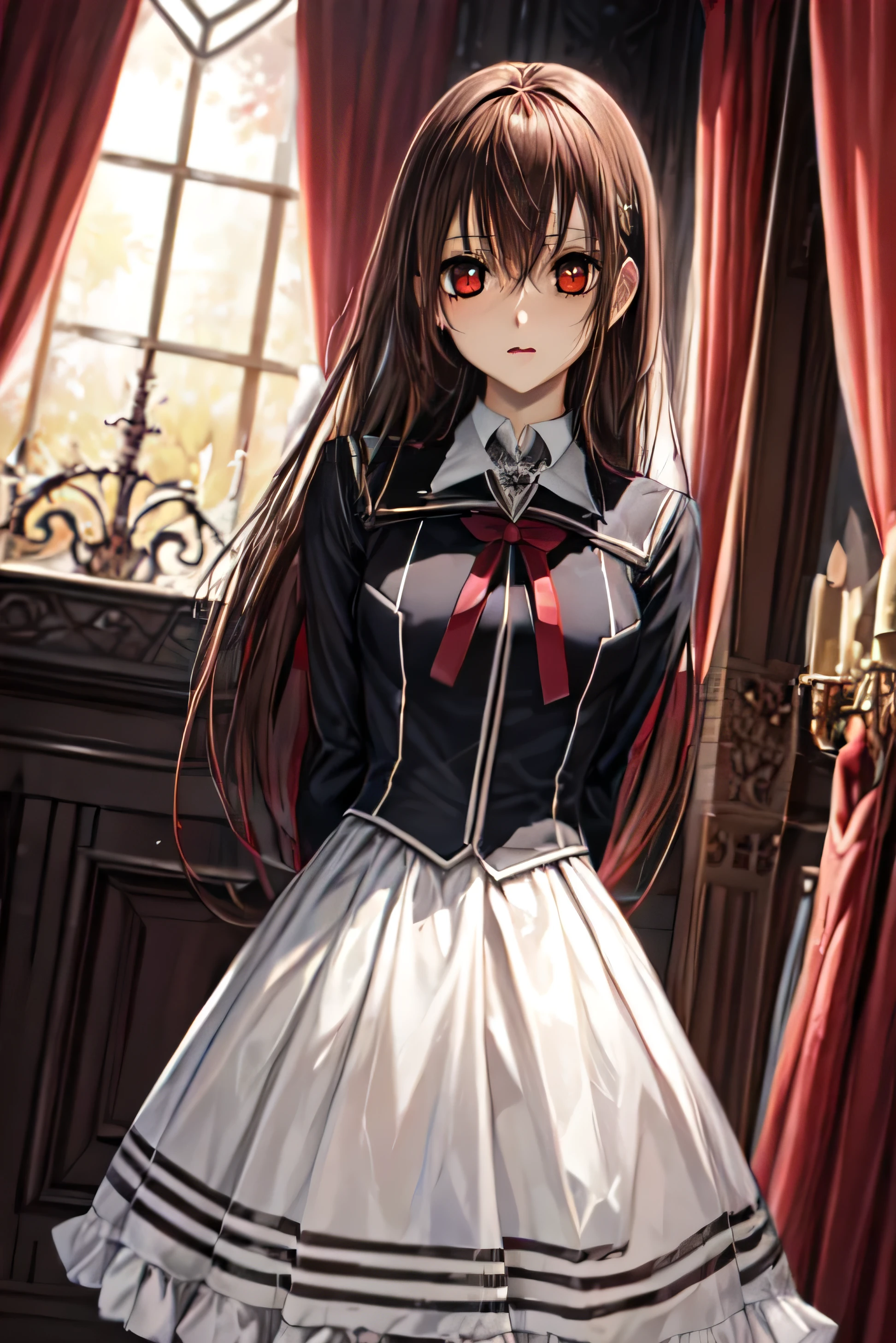 (absurdres, highres, ultra detailed, HDR), masterpiece, best quality, Yuki Cross, 1woman, solo, beautiful, (long brown hair), vibrant red eyes, finely eye and detailed face, window, red curtains, black uniform, vampire knight, arms behind back, solid crimson background,