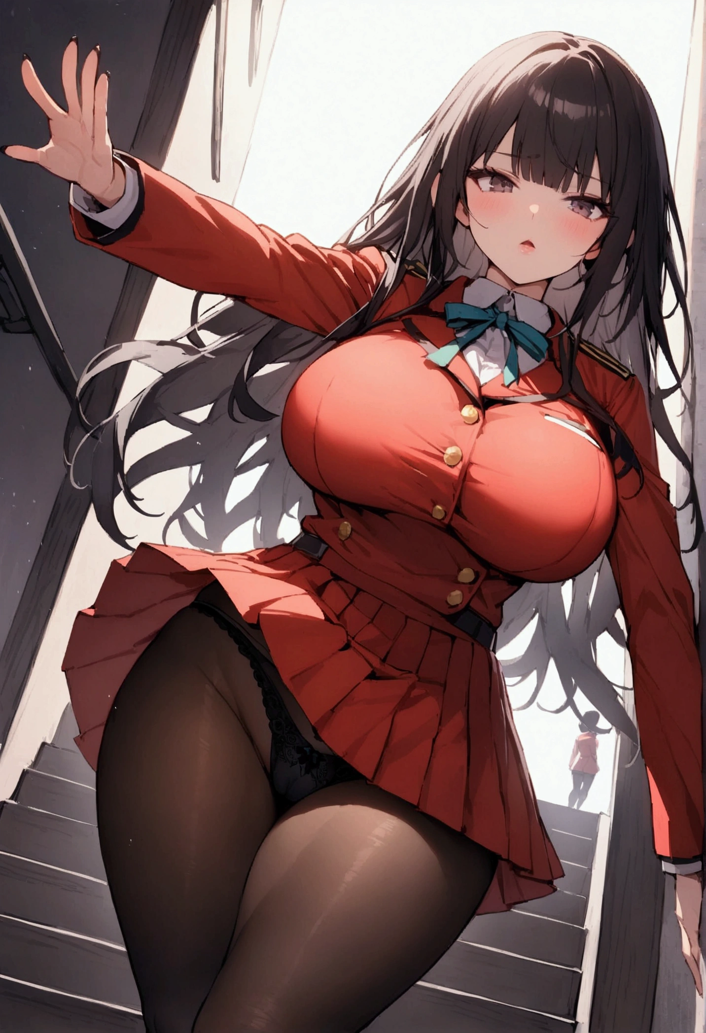 One Woman、beautiful girl, Highest quality, Thick thighs、Big Ass 、Big Breasts、Black Hair、Long Hair、Bangs、Red Blazer Uniform、Angle from directly below、Intimidating attitude、School、Many students behind、Brush your hair up、Pleated skirt、Black Pantyhose、Black panties、walk、Climbing the stairs、Schoolの階段、Raise one leg