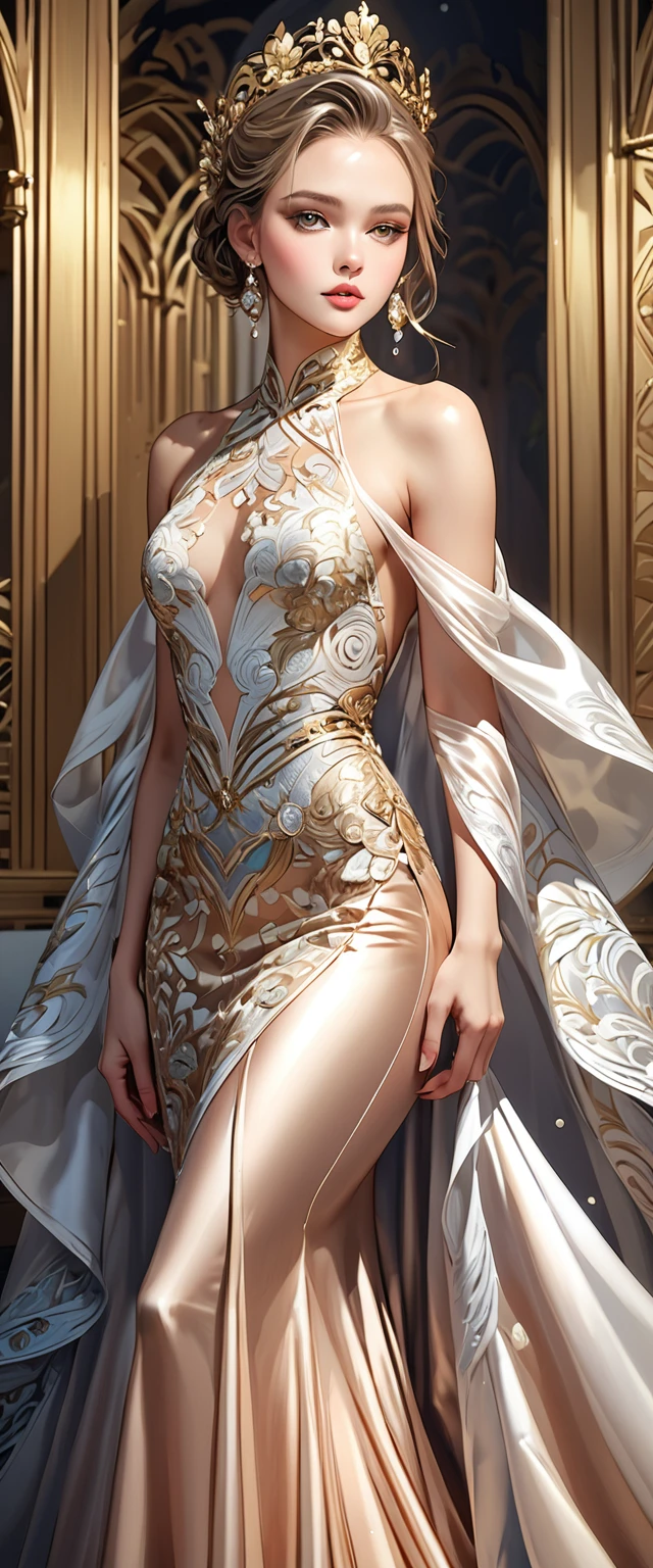 A 25-year-old woman with a flawless, sculpted physique that radiates elegance and grace. She is dressed in a full-length, luxurious silk gown adorned with intricate, masterpiece-level patterns. The gown drapes perfectly over her body, highlighting every curve with a mesmerizing flow. The silk fabric shimmers with a soft glow, and the detailed patterns on the gown add an extra layer of sophistication. The entire scene is depicted in a highly realistic style, showcasing her stunning beauty and allure with impeccable detail, creating an image that is both captivating and lifelike