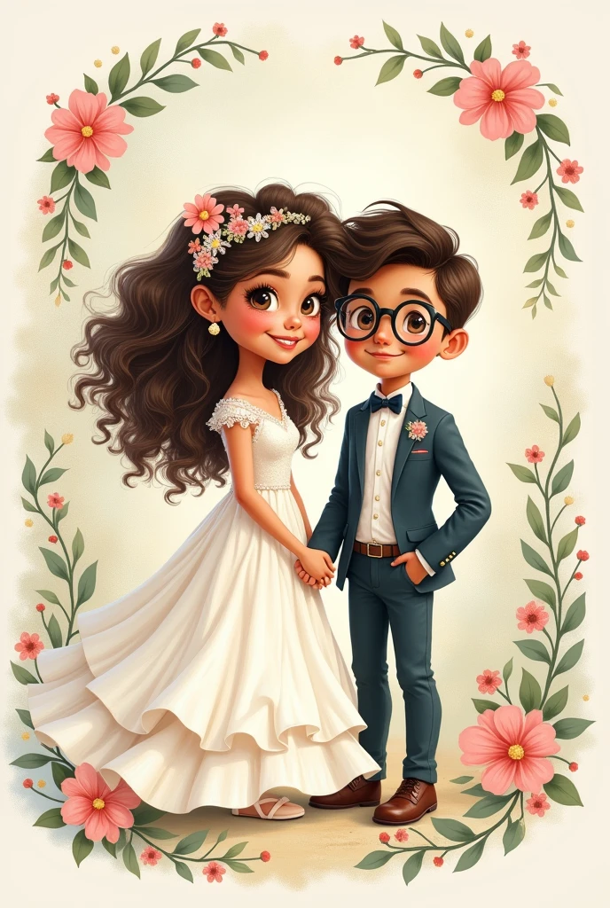 Drawing of a white-skinned girl with curly hair dressed as a bride and a boy dressed as a groom with light brown skin and glasses looking forward for an invitation card