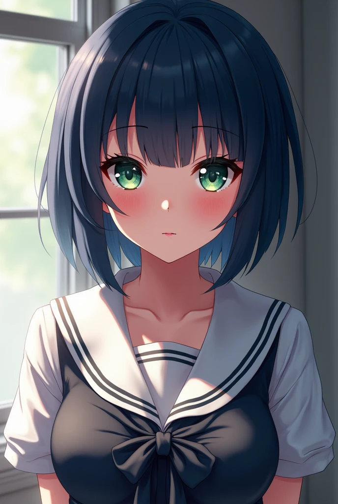 (highly detailed anime schoolgirl with big breasts, dark blue pixie cut hair, dark green eyes, anime-style schoolgirl uniform, beautiful detailed eyes, beautiful detailed lips, extremely detailed face, longeyelashes, 4k, 8k, highres, masterpiece, ultra-detailed, photorealistic, professional, vivid colors, studio lighting, physically-based rendering, sharp focus)