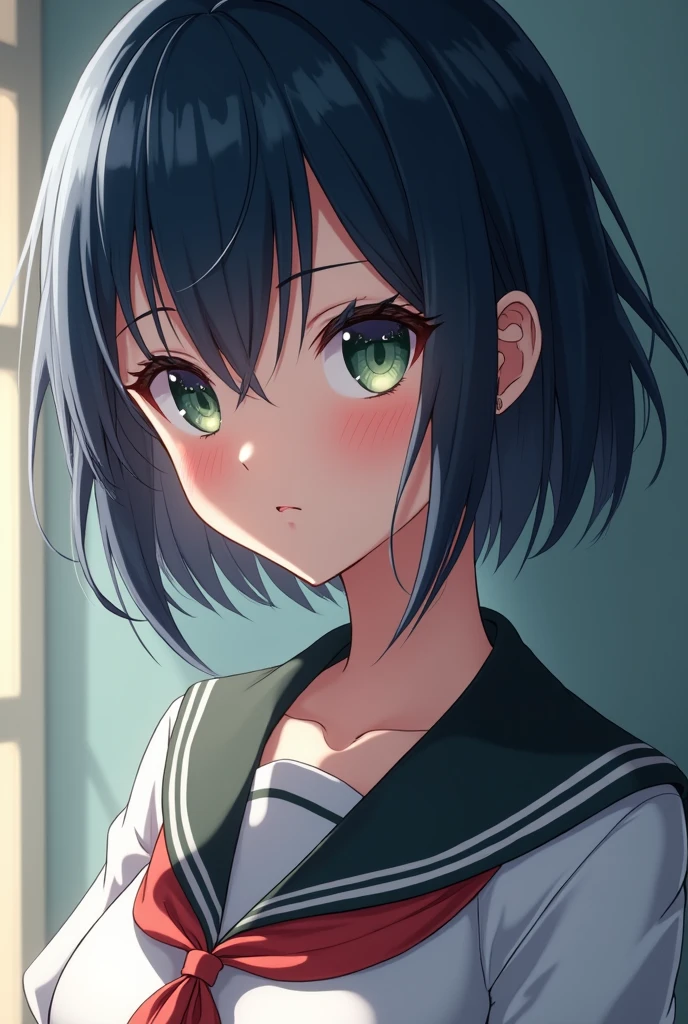 (highly detailed anime schoolgirl with big breasts, dark blue pixie cut hair, dark green eyes, anime-style schoolgirl uniform, beautiful detailed eyes, beautiful detailed lips, extremely detailed face, longeyelashes, 4k, 8k, highres, masterpiece, ultra-detailed, photorealistic, professional, vivid colors, studio lighting, physically-based rendering, sharp focus)