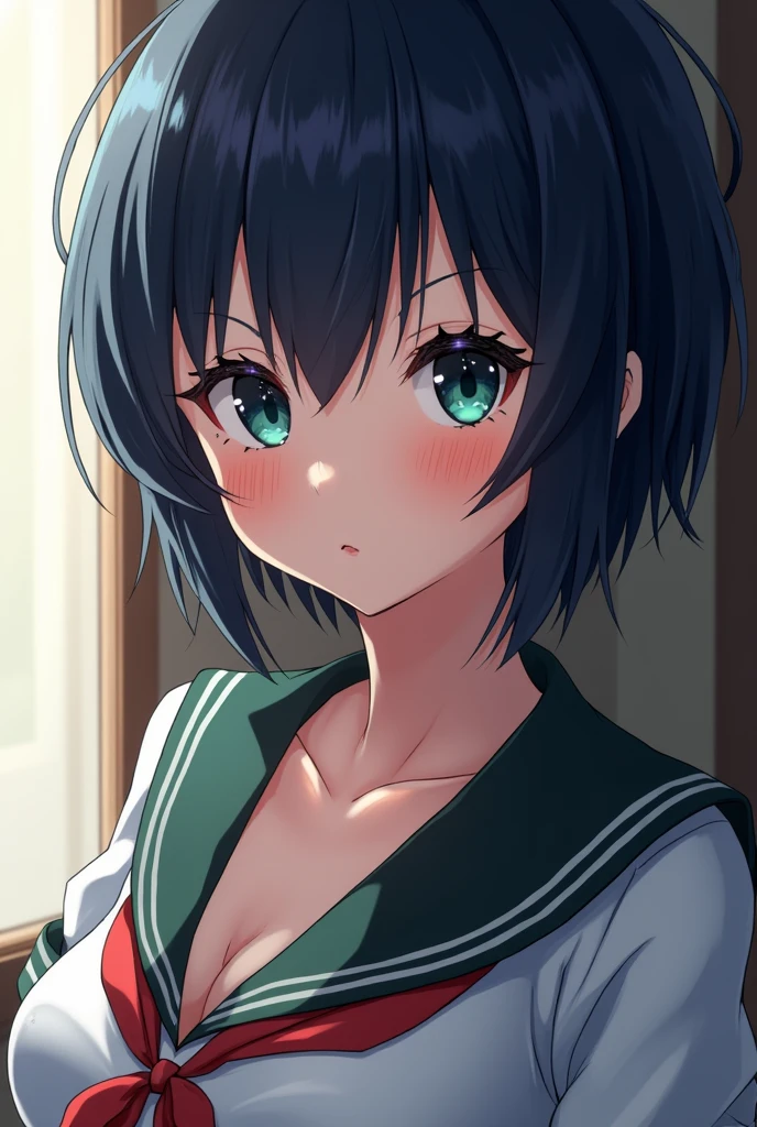 (highly detailed anime schoolgirl with big breasts, dark blue pixie cut hair, dark green eyes, anime-style schoolgirl uniform, beautiful detailed eyes, beautiful detailed lips, extremely detailed face, longeyelashes, 4k, 8k, highres, masterpiece, ultra-detailed, photorealistic, professional, vivid colors, studio lighting, physically-based rendering, sharp focus)