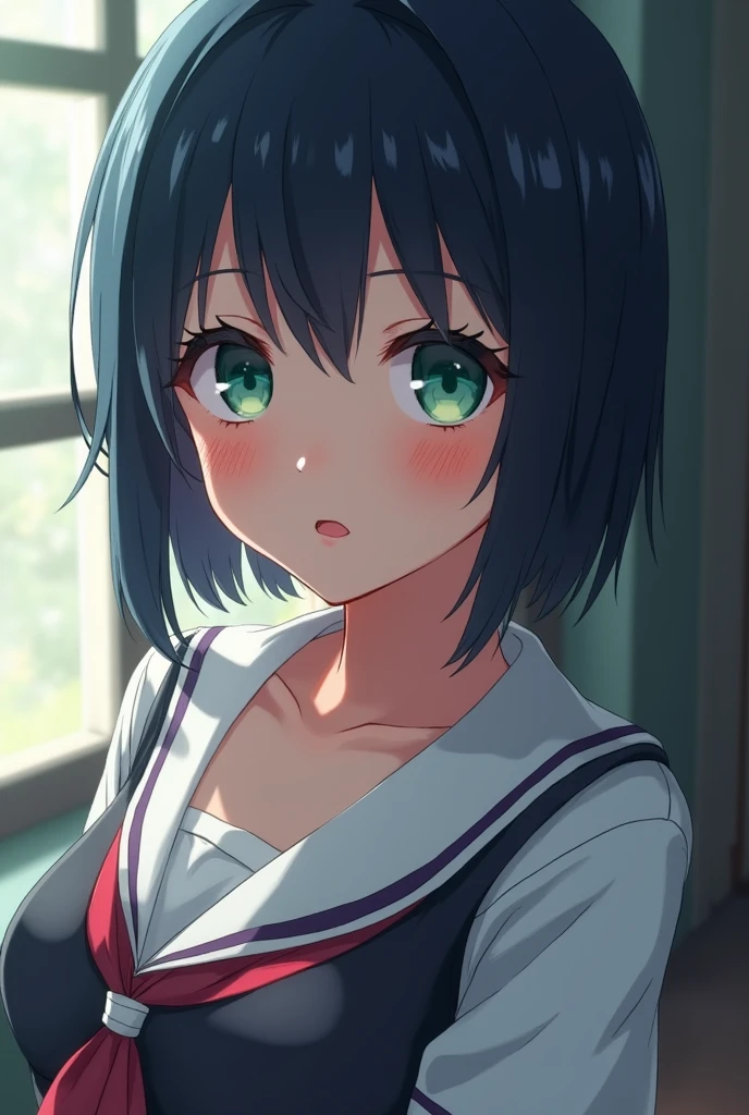 (highly detailed anime schoolgirl with big breasts, dark blue pixie cut hair, dark green eyes, anime-style schoolgirl uniform, beautiful detailed eyes, beautiful detailed lips, extremely detailed face, longeyelashes, 4k, 8k, highres, masterpiece, ultra-detailed, photorealistic, professional, vivid colors, studio lighting, physically-based rendering, sharp focus)