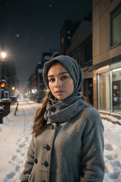 professional portrait photograph of a gorgeous Norwegian girl in winter clothing with hijab, sultry flirty look, gorgeous symmetrical face, cute natural makeup, wearing elegant warm winter fashion clothing, ((standing outside in snowy city street)), stunning modern urban environment, ultra realistic, concept art, elegant, highly detailed, intricate, sharp focus, depth of field, f/1. 8, 85mm, medium shot, mid shot, (((professionally color graded))), bright soft diffused light, (volumetric fog), trending on instagram, hdr 4k, 8k