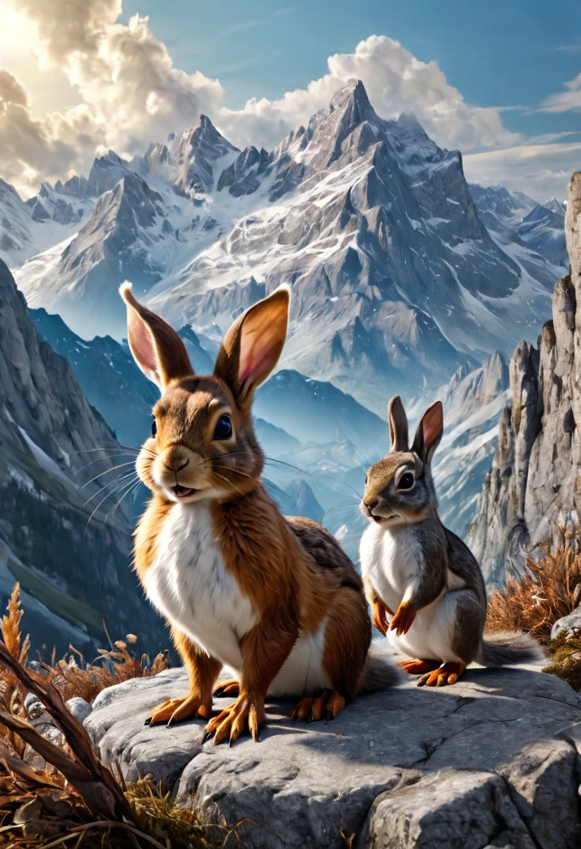 a Wolpertinger made of duck, Squirrel and rabbit in front of a mountain range, (best quality,4K,8k,highres,masterpiece:1.2),Ultra-detail,(Realists,photoRealists,photo-Realists:1.37),elaborate details,cinematic lighting,The Fantasy,Digital Drawing,surreal,Very detailed,Film composition,keen focus,photoRealists,hyperRealists,mystical,Ethereal,fantastic,exhilarated,noticeable,dream-like,conceptual,imaginative