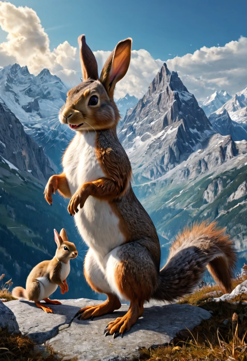 a Wolpertinger made of duck, Squirrel and rabbit in front of a mountain range, (best quality,4K,8k,highres,masterpiece:1.2),Ultra-detail,(Realists,photoRealists,photo-Realists:1.37),elaborate details,cinematic lighting,The Fantasy,Digital Drawing,surreal,Very detailed,Film composition,keen focus,photoRealists,hyperRealists,mystical,Ethereal,fantastic,exhilarated,noticeable,dream-like,conceptual,imaginative