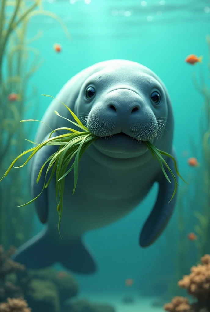 Create an animated image of a manatee eating seagrass and holding it in its mouth in a creative way