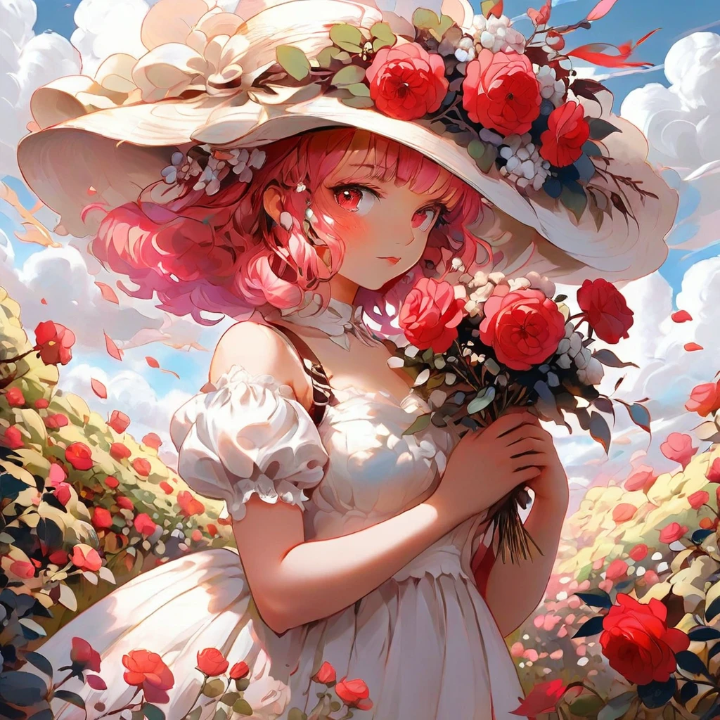 (masterpiece, Highest quality), 1 person, flower, alone, dress, Holding, null, cloud, have, Outdoor, bangs, flower束, Rose, Expressionless, blush, Pink Hair, flower field, red flower, Pink Eyes, white dress, Looking at the audience, Medium Hair, Holding flower, Small breasts, red Rose, Holding flower束, sun have, White Hat, Written boundary depth,((whole body)),