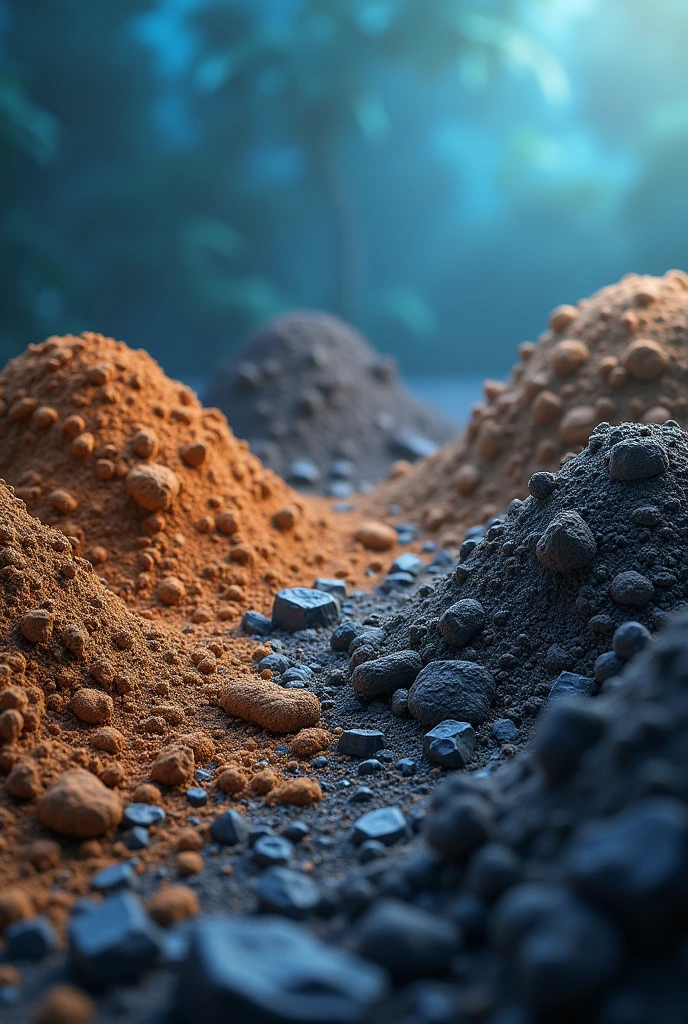 Realistic 8K image showing different types of soils, including sandy soil, clayey, only dark, only clear, and only compact. The image focuses on textures, different colors and characteristics of each type of soil, highlighting natural variations. Predominant shades of blue are present in the sky, in the shadows and subtle elements around the grounds, creating a visual contrast with the earthy colors. The scene emphasizes the diversity of soils, conveying a technical and geological character with a harmonious color palette