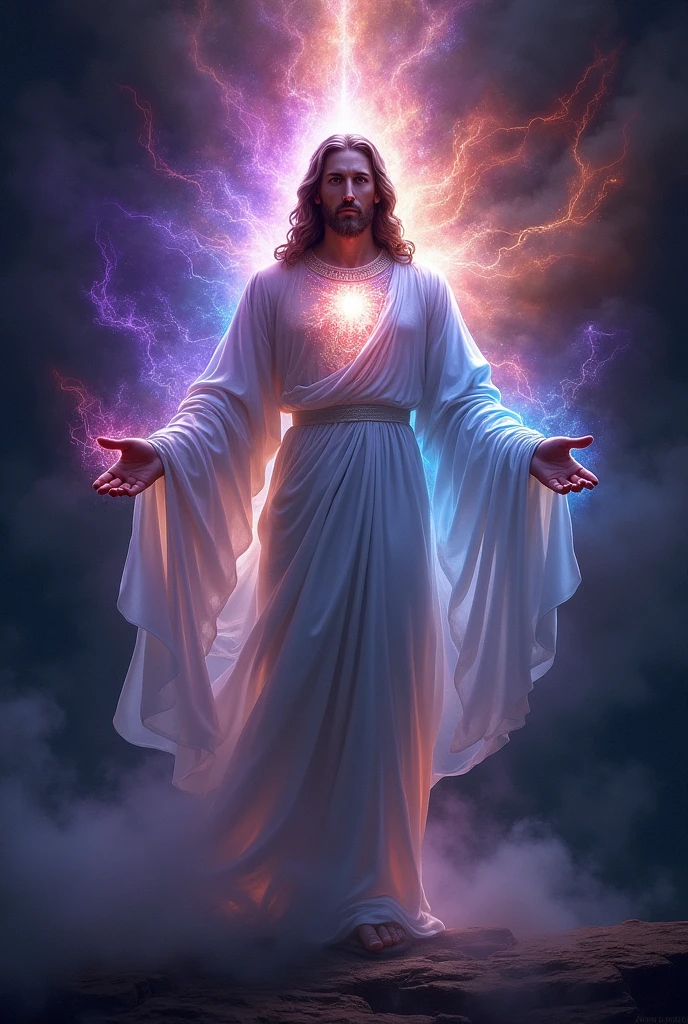 jesus with energy field around his shiny silver body, violet aura red and blue silver aura on the chest, aspect of fire in the silver eyes, darkness background, Morning Star